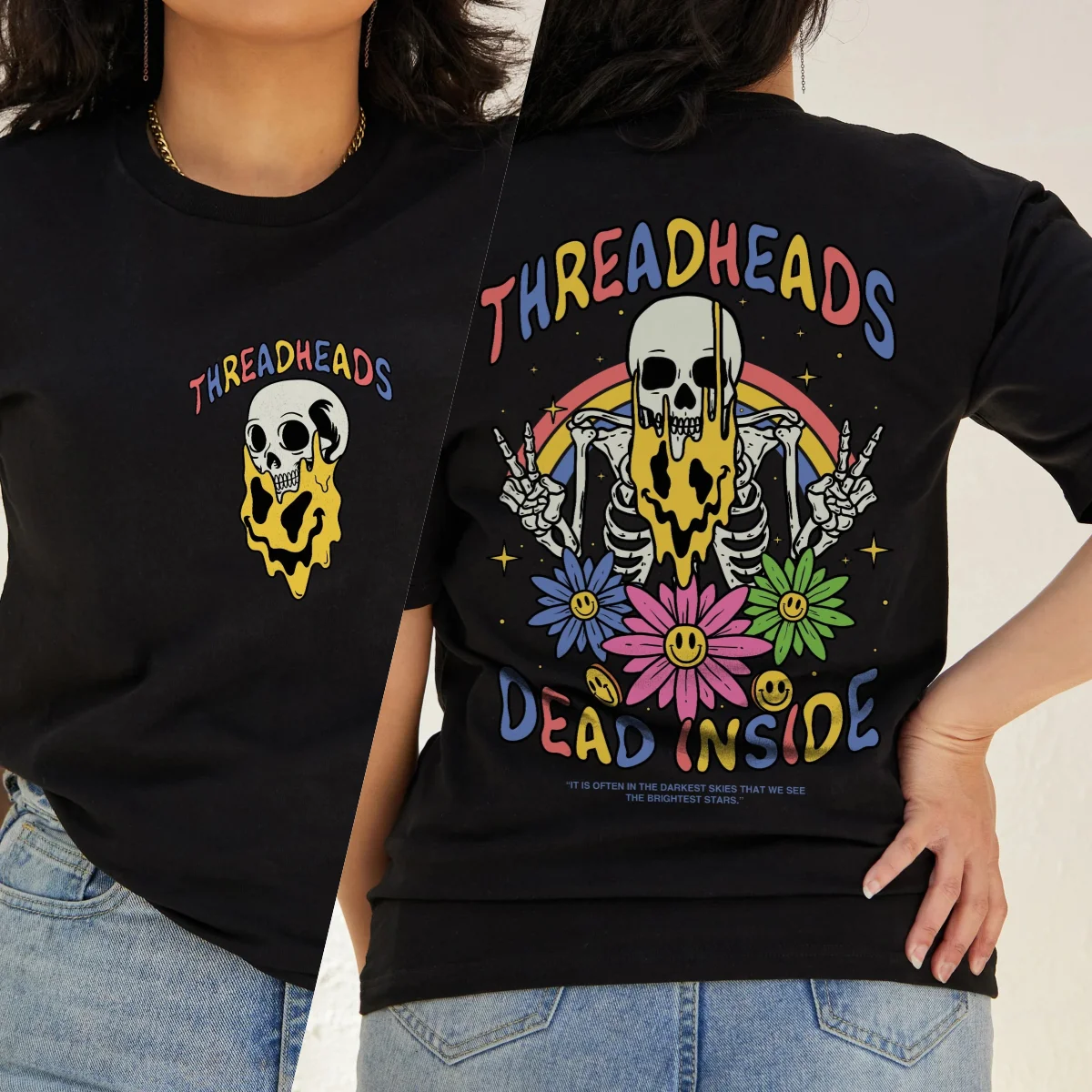 

Dark Romantic Dead Inside Cotton Tee Skull Flower Graphic for Trendy Outfits and Edgy - Halloween Tee All Saints' Day