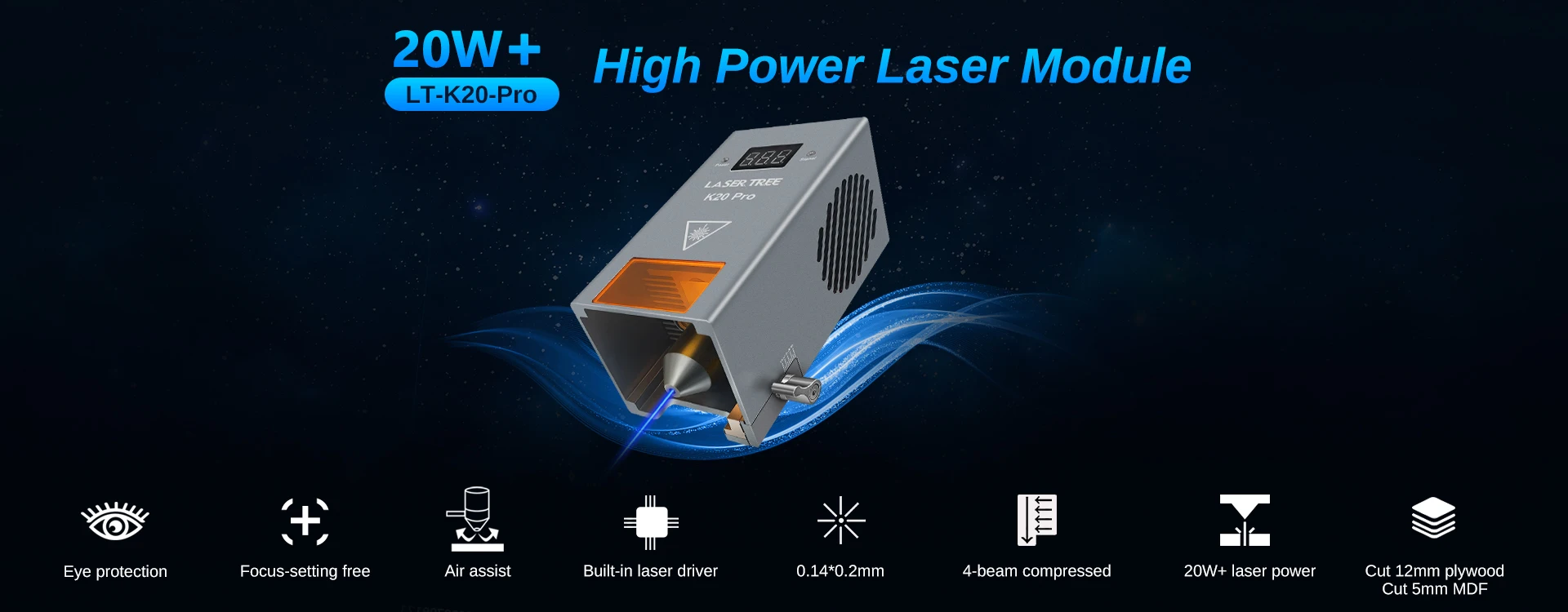 LASER TREE 5W 10W 20W 30W with Air Assist Laser Head 450nm TTL Blue Light Module for CNC Engraving and Cutting Woodworking Tools