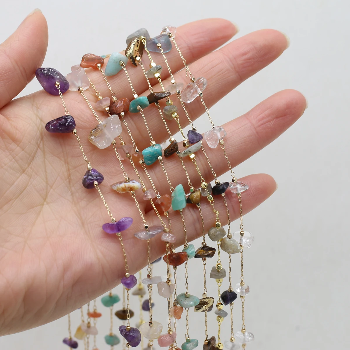 Natural Stone Crystal Rose Quartz Amethyst Agate Beads Irregular Gravel Metal Chain For Jewelry Making DIY Glasses Chains 80 cm