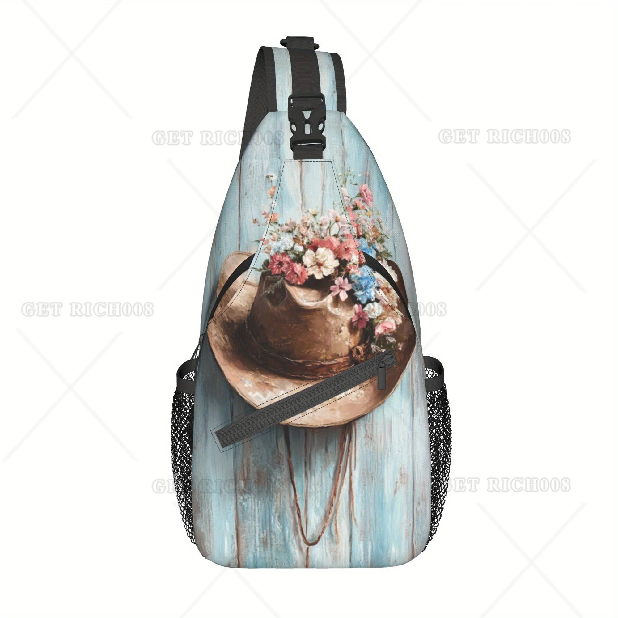 

Men's Vintage Cowboy Hat Pink Floral Print Sport Chest Bag - Durable Large Capacity Crossbody Bag with Zipper Closure