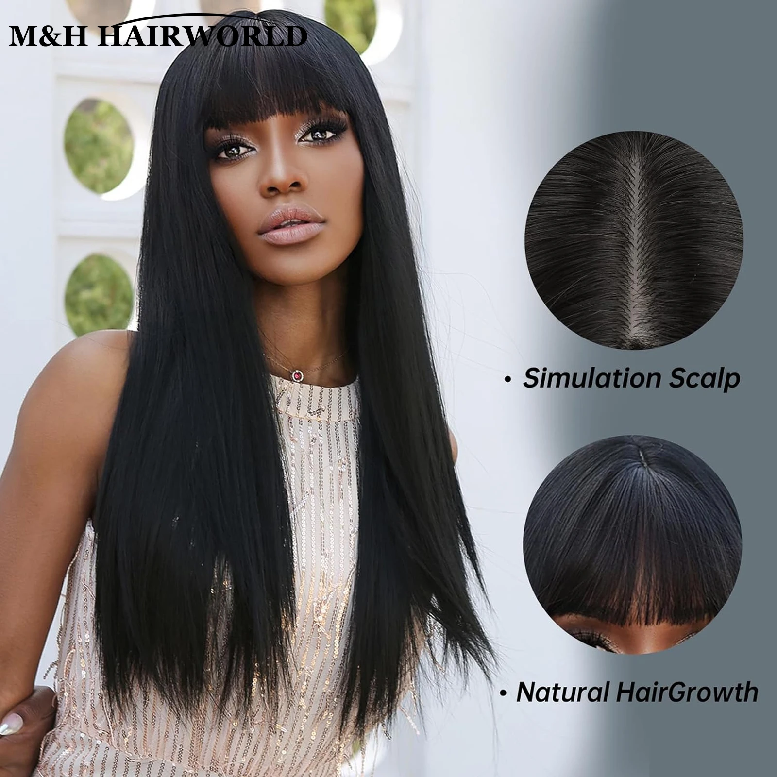 Black Colored Synthetic Hair Wigs For Women Long Silky Straight Hair Wig With Bangs Glueless Wigs For Daily Party Cosplay Wear