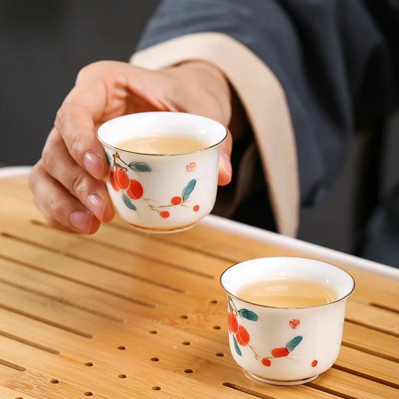 Large Hand Drawn Gold Tea Cup, Underglaze Color Sweet White Porcelain Tea Cup, Master Cup, Sheep Fat Jade Ceramic Kung Fu Tea