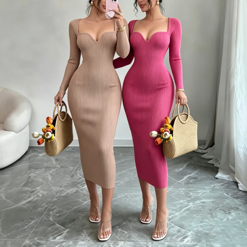 Damen Sweetheart-Ausschnitt Geripptes Strick-Maxikleid Elastisches Langarm-Bodycon-Kleid Damen Party Nachtclub Mode-Outfit