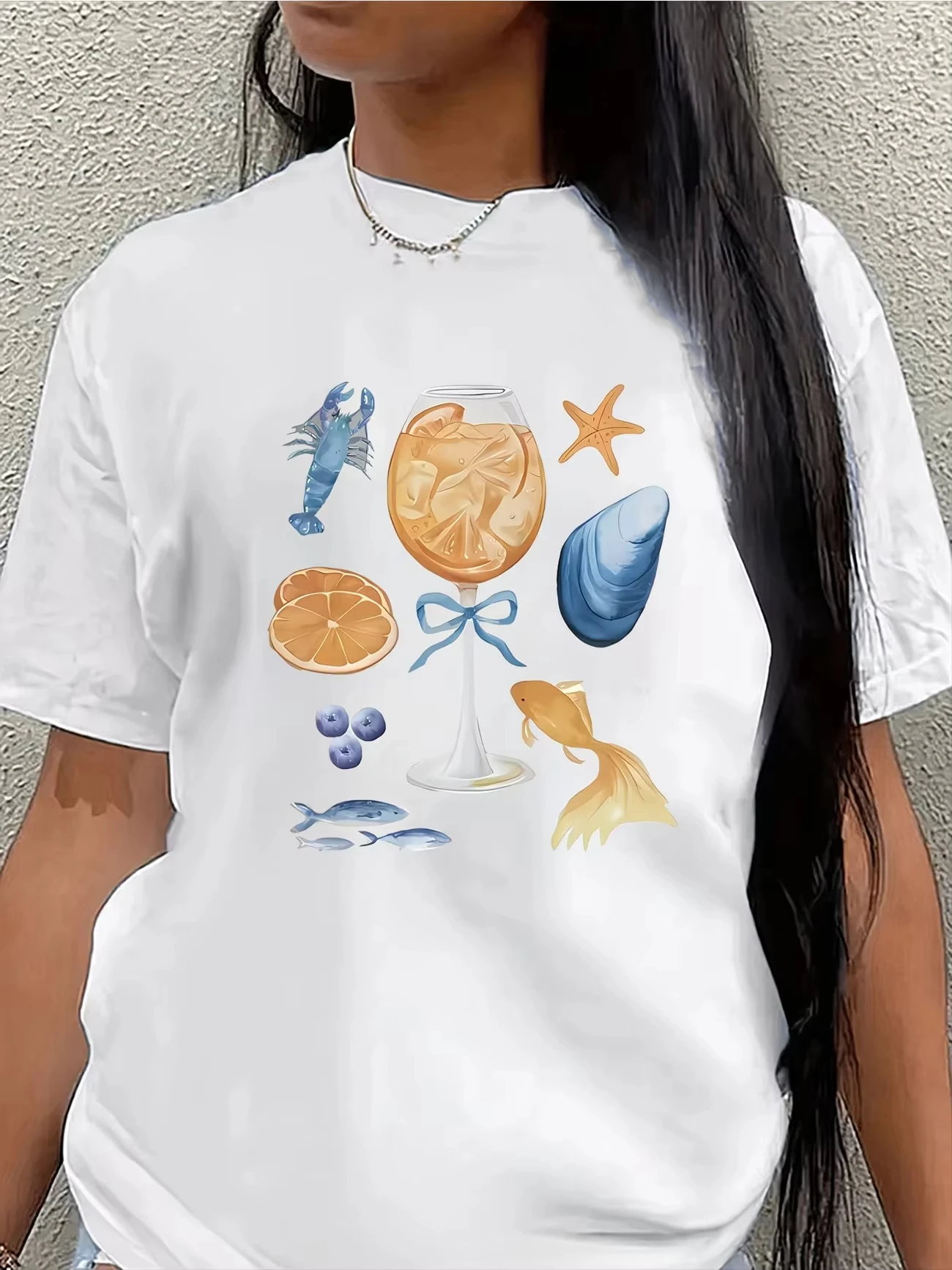 Unisex Summer Sea Food Wine Glass Graphic T‑Shirt Ocean Creature Fruit Print Short Sleeve Casual Vacation Daily Tee Men Women