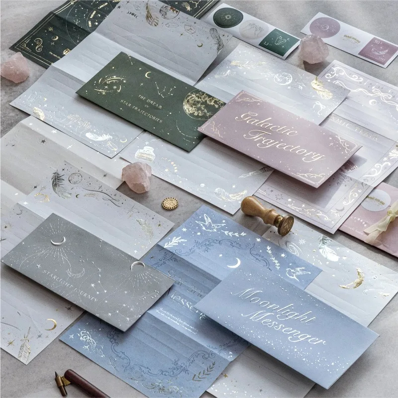 Letter Paper Envelope Set Star Moon Poetry Vintage Romantic Stationery Writing Paper for Love Letters Elegant Supplies for DIY