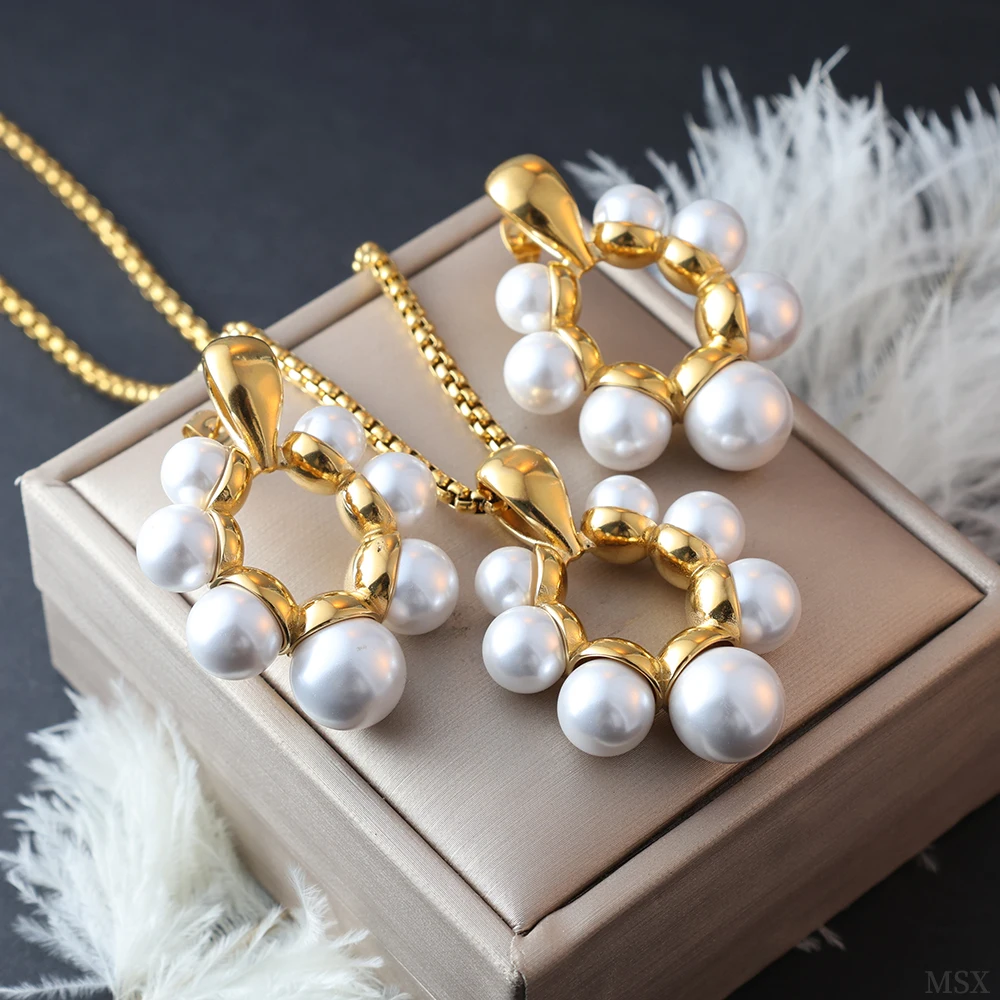 Hip Hop Punk Pearl Earrings Necklace Women Daily Wear Hypoallergenic Anti-Rust Stainless Steel Jewelry Sets Vintage Accessories