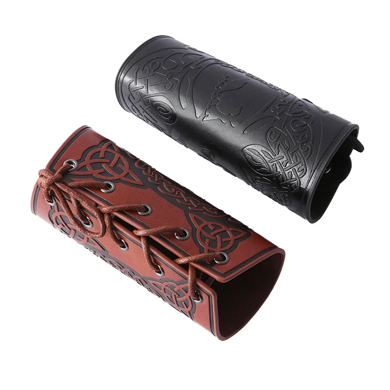 Fashion Punk Wide Leather Bracelet Arm Armor Cuff Wrist Guard Viking Tree of Life Pattern Wide Bracer for Fancy Dress Stage Show