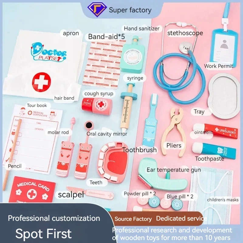 Simulação de madeira de brincar de casa com crianças, Brinquedos interativos para meninos e meninas, médicos e dentistas