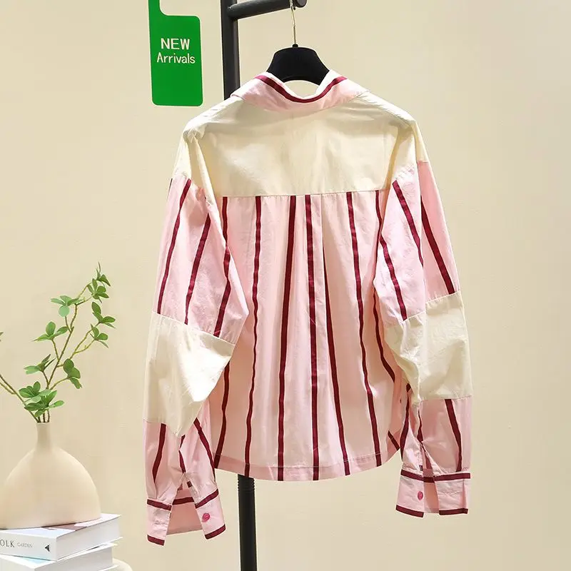 المألوف اللون حجب مخطط قميص سترة قصيرة للنساء 2025 أوائل الربيع والخريف جديد الكورية فضفاض قميص غير رسمي