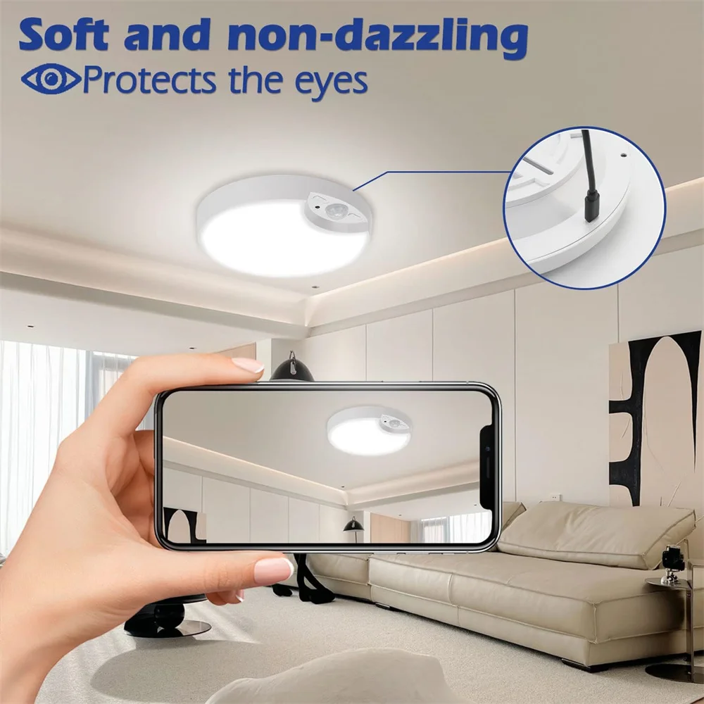 19CM Round Led Ceiling Light Motion Sensor Home Lamp USB Rechargeable/Battery Powered Remote Controller for Washroom,Stairs