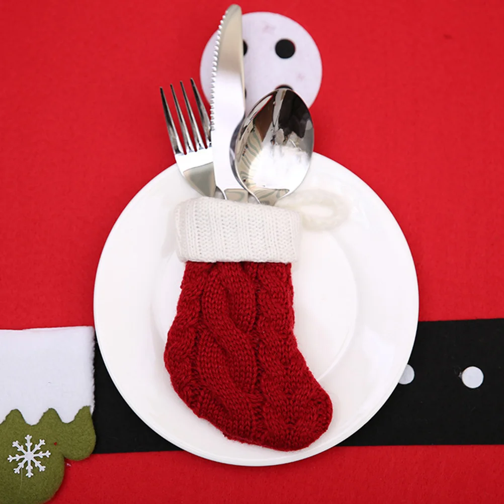 

6Pcs Red Knit Christmas Stocking Cutlery Covers Xmas Tableware Bags Dining Table Decor Party Supplies Kitchen Storage Holders