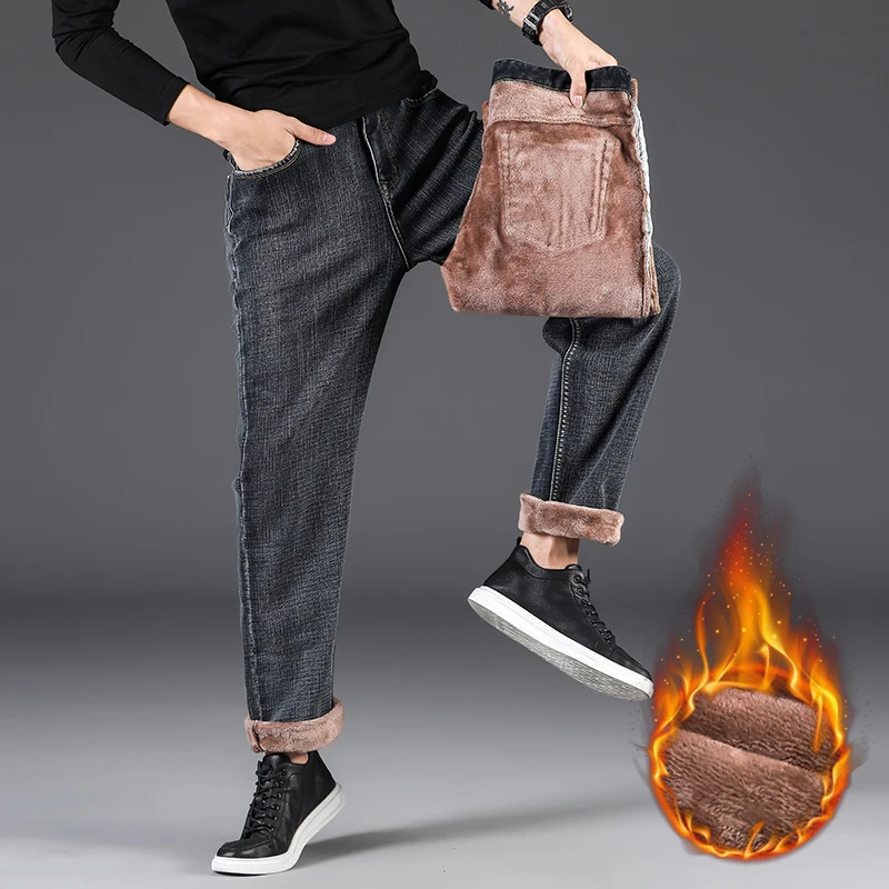 Winter Men's Fleece Warm Jeans Thickened Classic High Waist Loose Straight Denim Pants Retro Smoke Gray Elastic Trousers 42 44