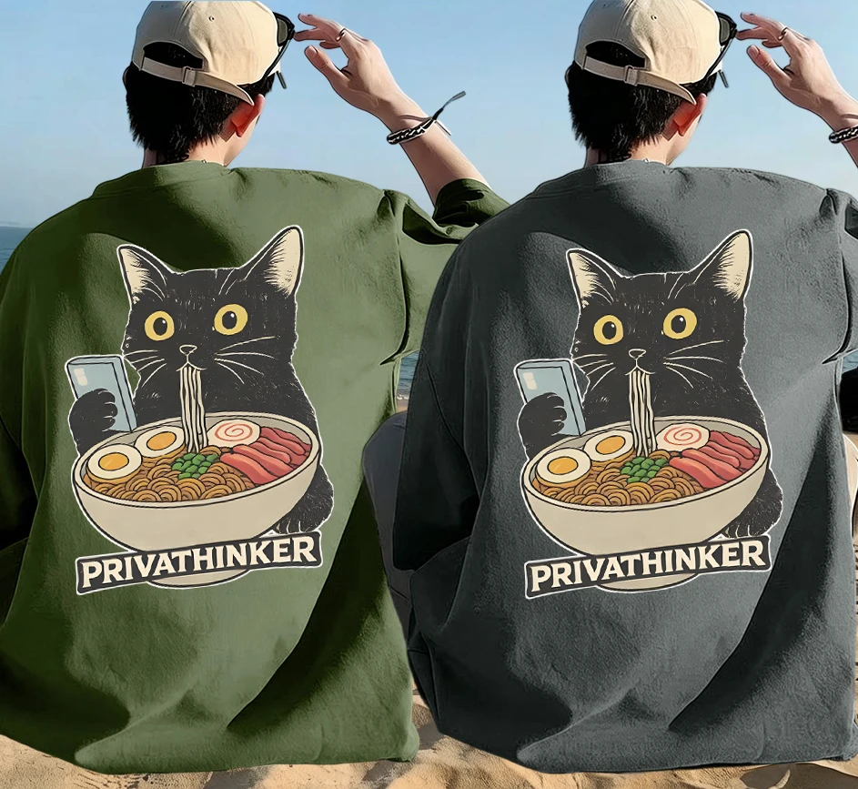 

Cat Eat Noodles While Pla With Its Phone Design Summer Cotton Daily T-Shirt Suit Men Korean Soft Streetwear Breathable Thin Tops