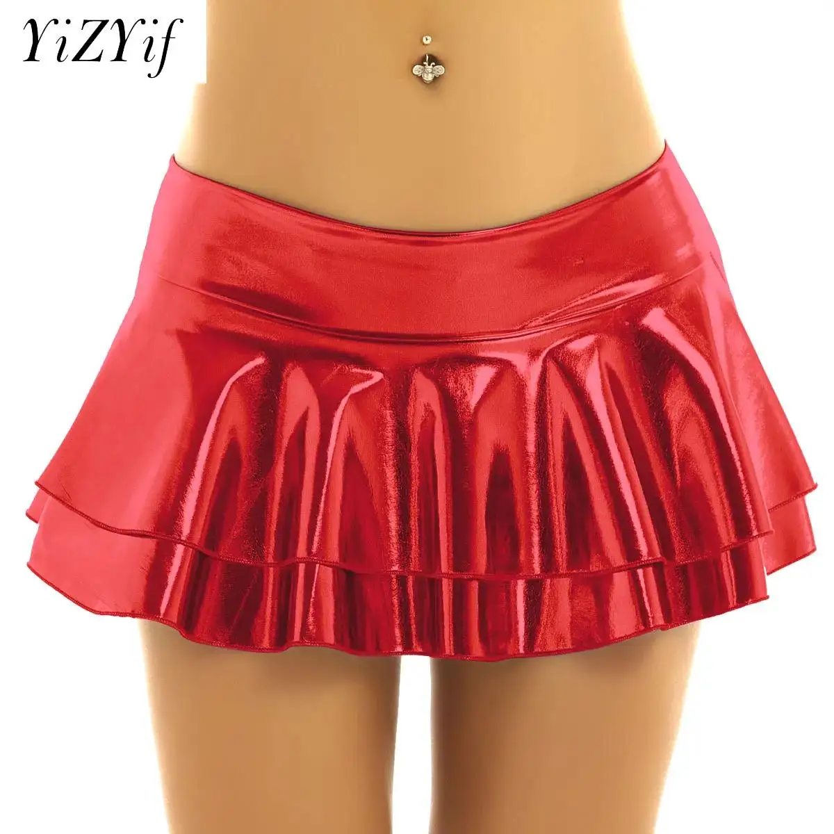 

Summer Women Mini Skirts Shiny Metallic Bodycon Sexy Outwear Skirt New High Street Party Clubwear Short Solid Pleated Bottoms