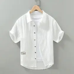 Camisa informal holgada de manga corta para hombre, solapas de punto a rayas sólidas, estilo coreano Retro, elegante, a la moda, Verano