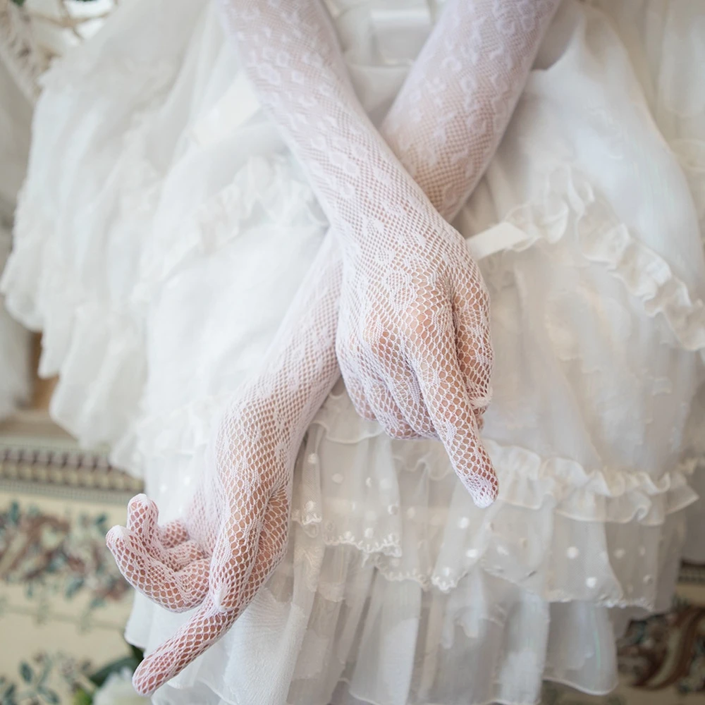 

Retro Women Mesh Nylon White Bridal Dots Lace Mittens Hand Sleeve Lolita Long Gloves