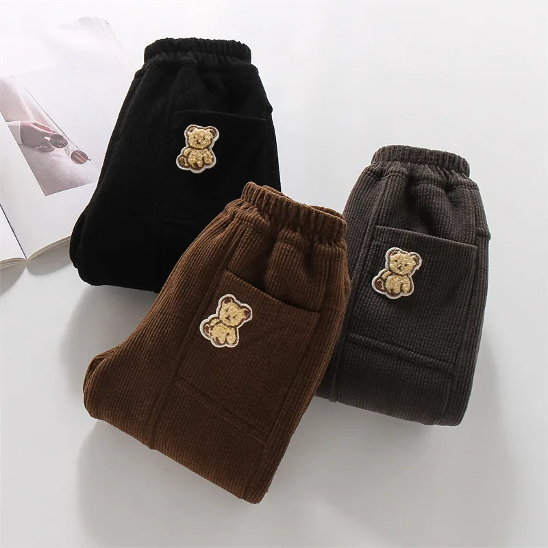 2024 Ins Autumn Winter Kids Baby Boys Trousers Cartoon Bear Fleece Thickened Warm Children Boys Jogger Pants Toddler Boys Pants