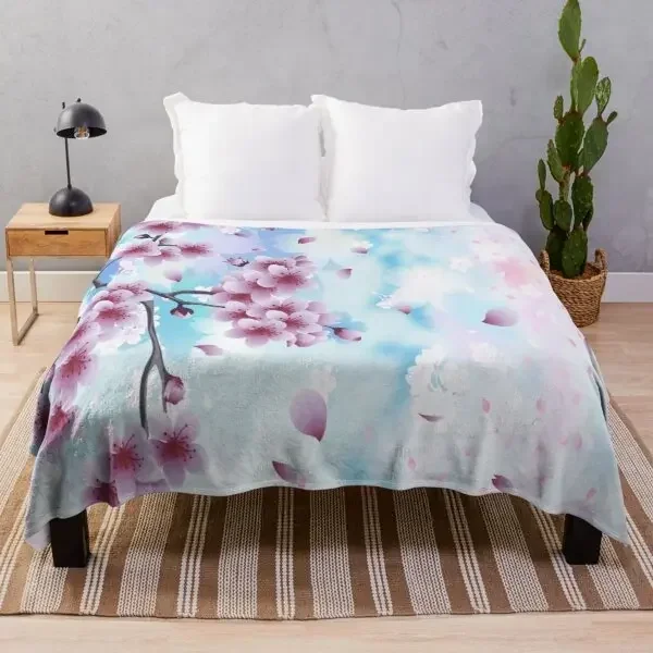 White Pink Cherry Blossom Flannel Throw Blanket Romantic Flowers King Queen Full Size for Living Room Sofa Couch Lightweight