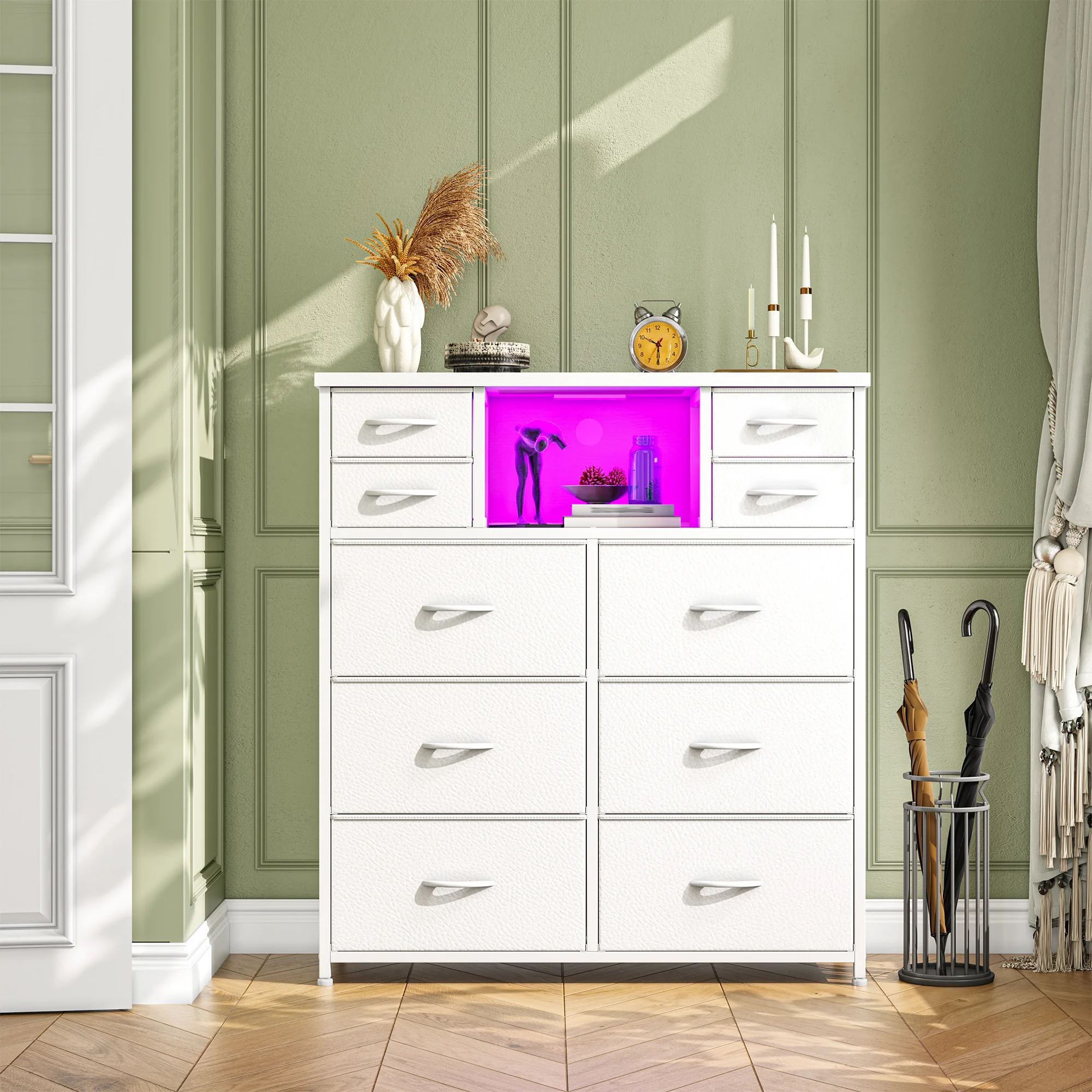

EnHomee 10-Drawer Fabric Storage Chest – LED & Charging Station, Open Shelves – Sturdy Dresser for Bedroom, Living Room, Dorm, Hallway, Entryway