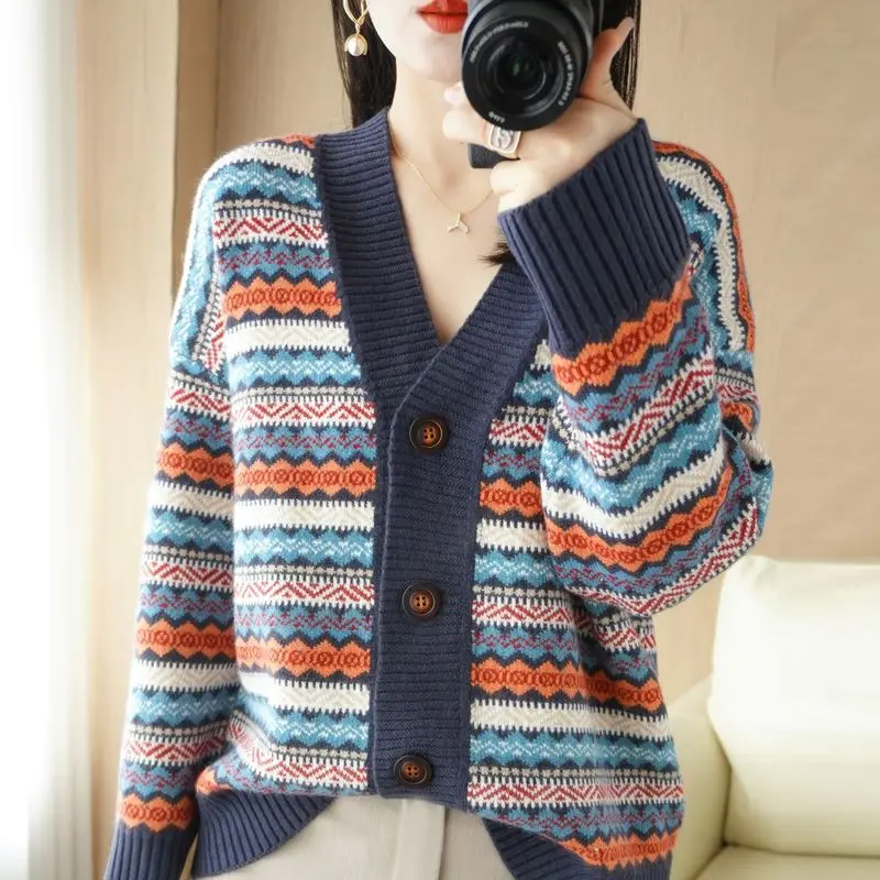 V-neck Striped Knitting Cardigan Coat Women Autumn Winter Fashion Patchwork Long Sleeve Sweater All-match Office Lady Knitwear