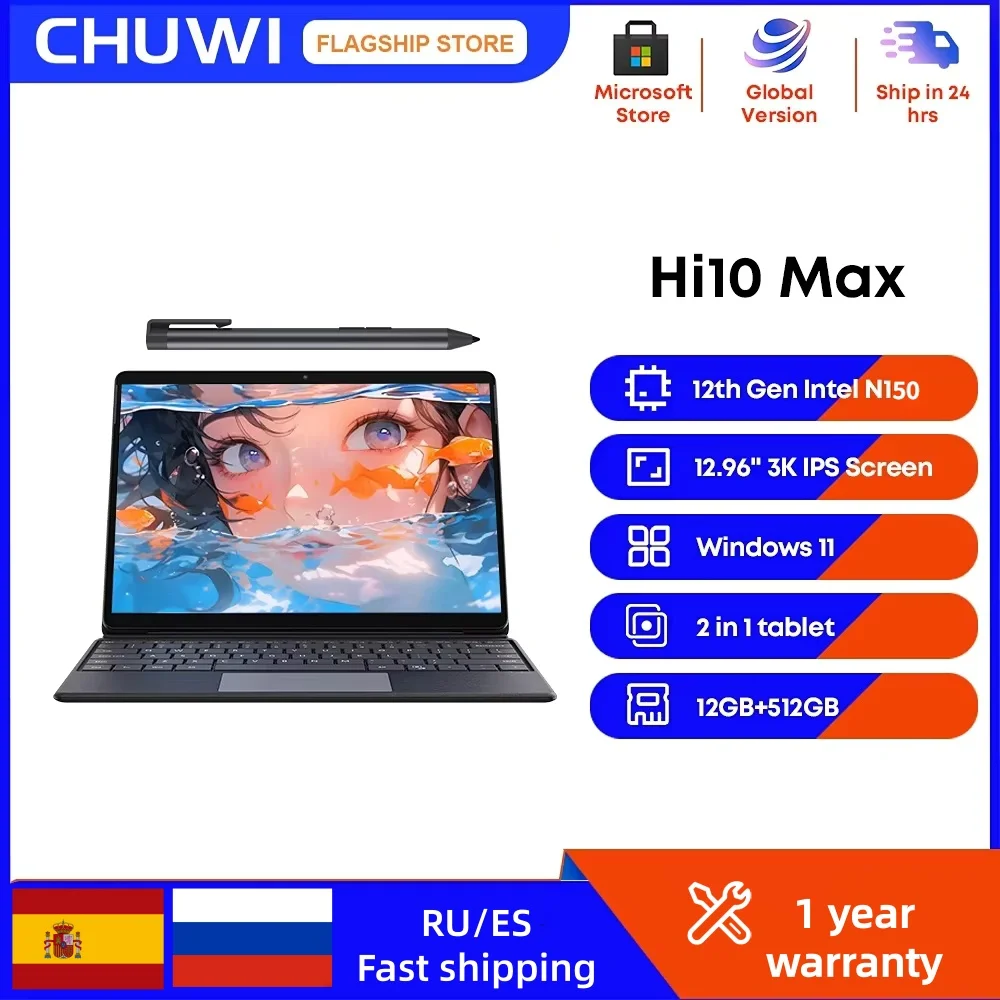 

CHUWI 2025 Hi10 Max N100/150 12,96-дюймовый сенсорный ноутбук 2 в 1 планшет Intel 12 ГБ DDR5 512 ГБ SSD Windows 11 3K IPS экран планшеты ПК