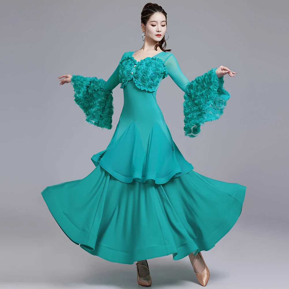 Professional Competition Dance Dress Green 2024 Waltz Dress Pink Three-dimensional Flowers Purple New National Standard Costume