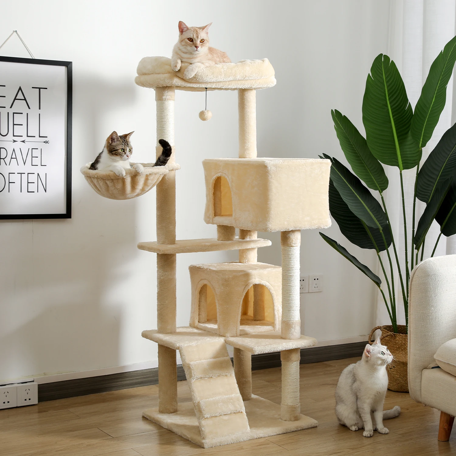 Extra-Large Perch Cat Tree, High Tower for Big Cats, Cozy Hammock Shelves, Pompom Toy, Scratching Posts, Dual CondoHouses, 143cm