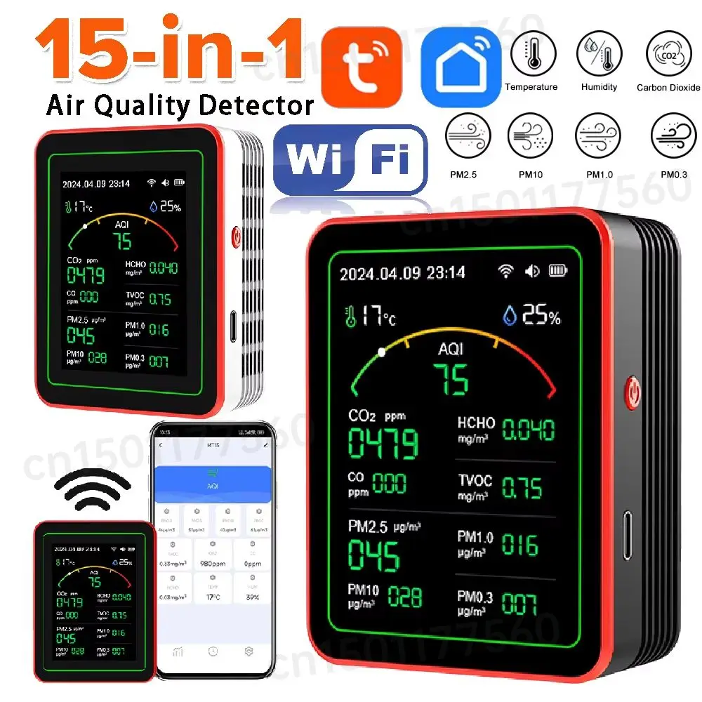 Tuya WiFi 15 in 1 Air Quality Detector TFT Display Portable AQI PM0.3 PM1.0 PM2.5 PM10 CO CO2 TVOC HCHO Tester APP Control