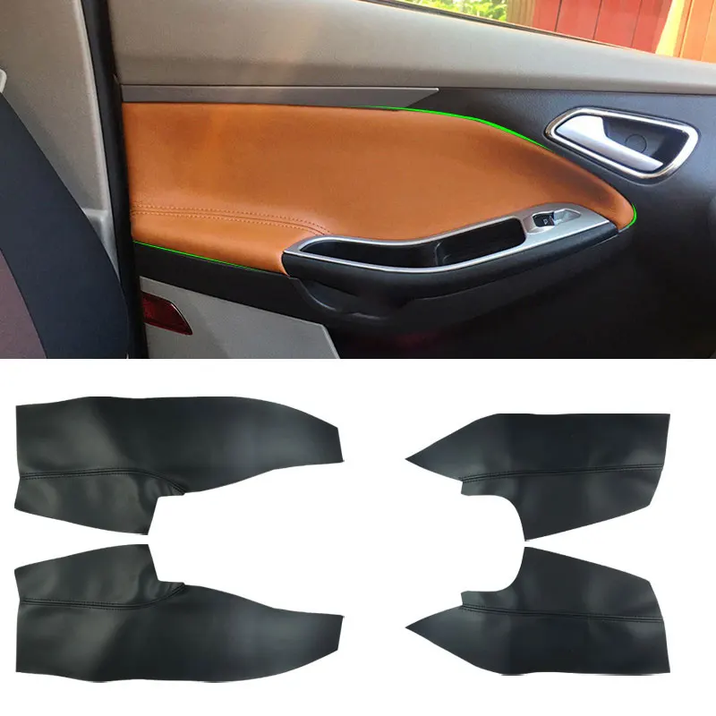 Manija de puerta Interior de cuero de microfibra para Ford Focus, cubierta de Panel de reposabrazos, embellecedor adhesivo, 2014, 2015, 2016, 2017,