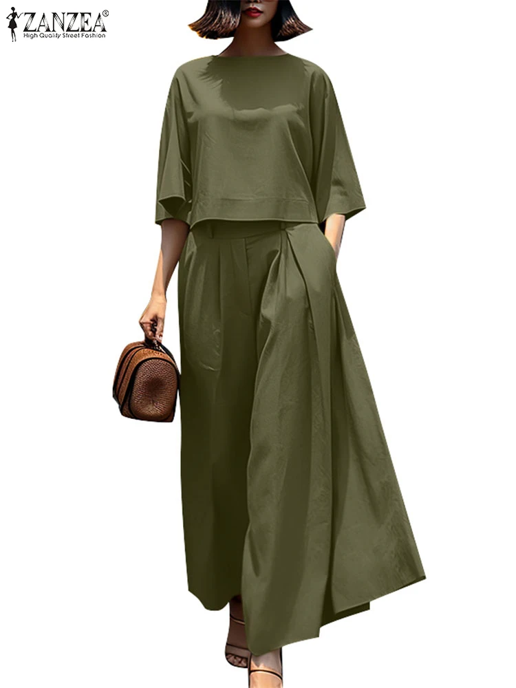 ZANZEA Tute da donna primaverili Set di pantaloni larghi casual solidi ed eleganti Pantaloni a gamba larga Abbigliamento quotidiano Manica a 3/4 Crop Top 2 pezzi Abiti