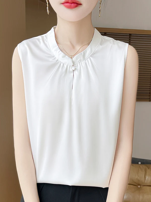Fashionable Sleeveless Satin Shirt round Neck Summer Outerwear Vest Chop Sleeve Chiffon Blouse Top Small Shirt Moisture Wicking