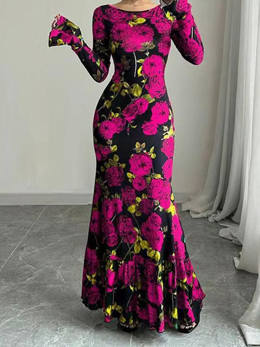 Abito lungo con stampa floreale rosa alla moda Abito lungo sottile a maniche lunghe con farfalla autunnale da donna elegante Abito da festa con collo slash da donna sexy