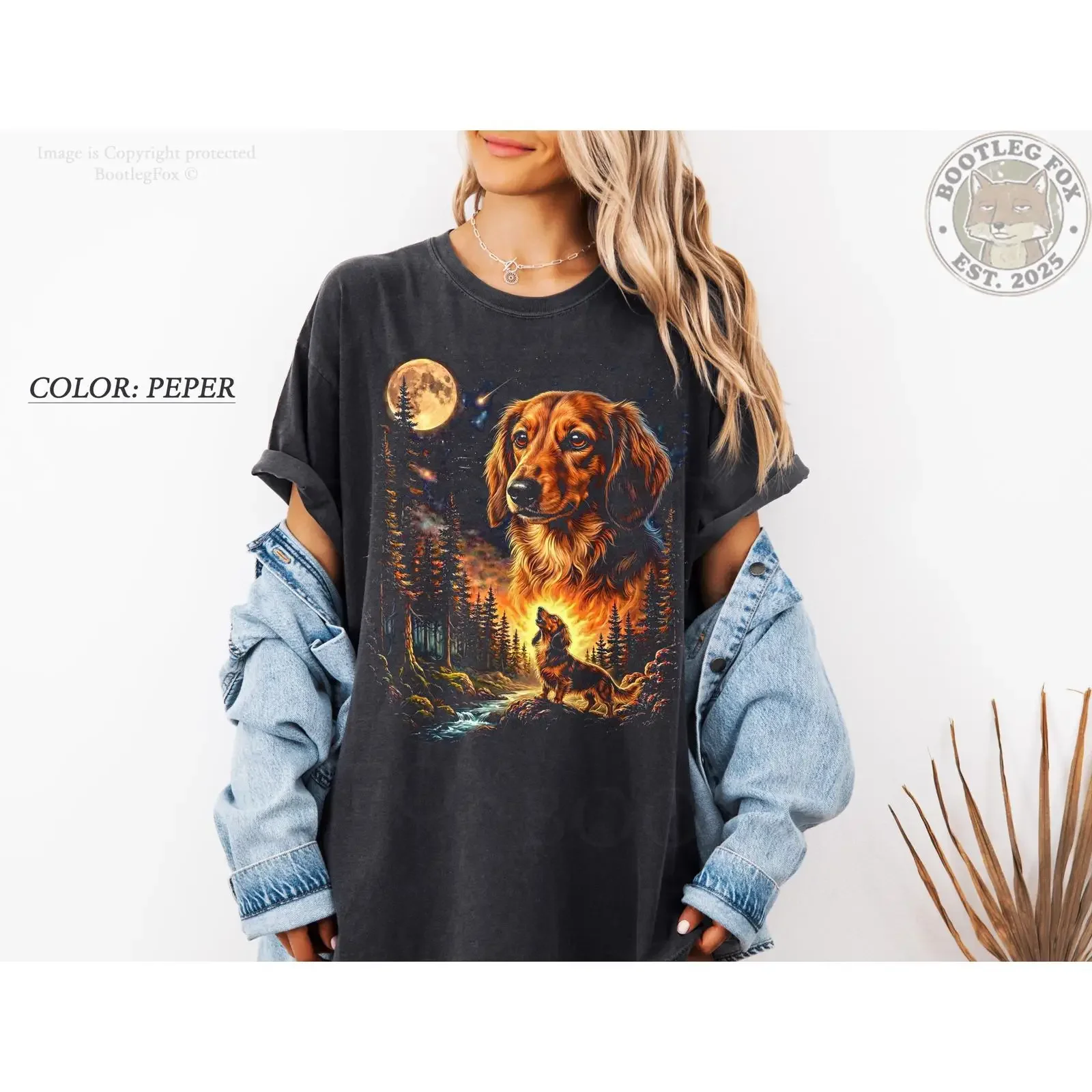 Vintage Washed Oversized Long Haired Dachshund Howling At Moon Forest Night T Shirt Wiener Dog Lover  vintage Washed Slightly