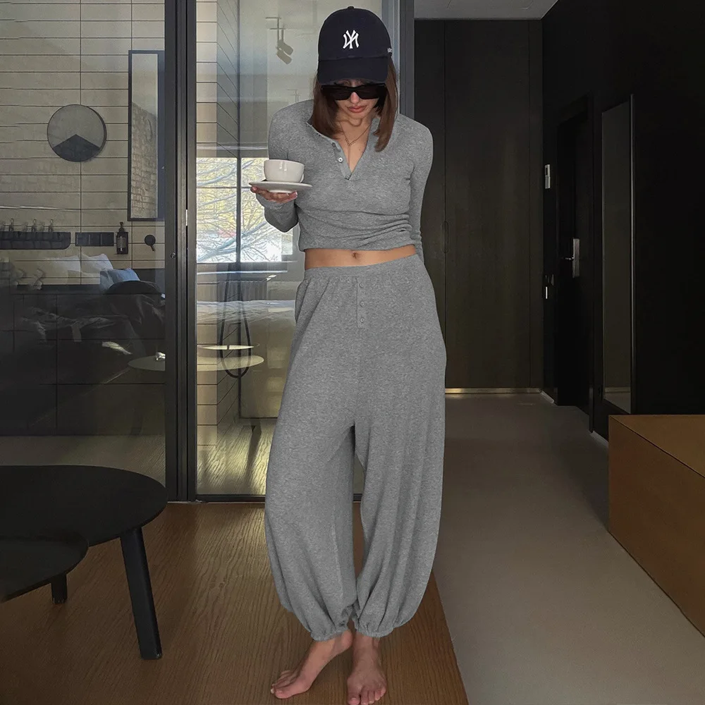 Women Summer Casual Henley Neck Crop Top Jogger Pants 2 Piece Set
