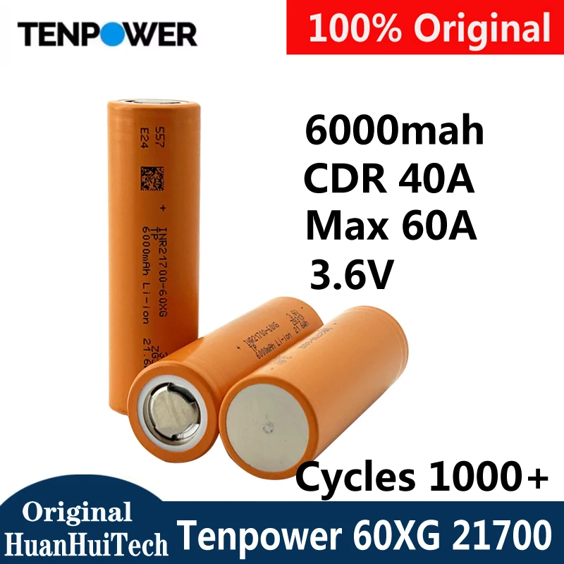Image of Klasse A 21700 Tenpower TP 60XG 6000mAh CDR 40A Hochleistungs-60A 3,6V wiederaufladbare Li-Ionen-Batterie, 1000 Zyklen, für Taschenlampen