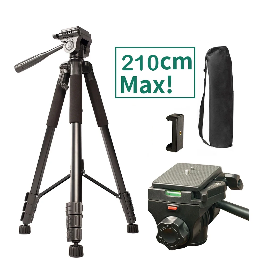 210cm Tripod Height Heavy Dury Camera Tripod Stand Trípode Portable Professional Aluminum Pan Head for DSLR Phone Ring Light