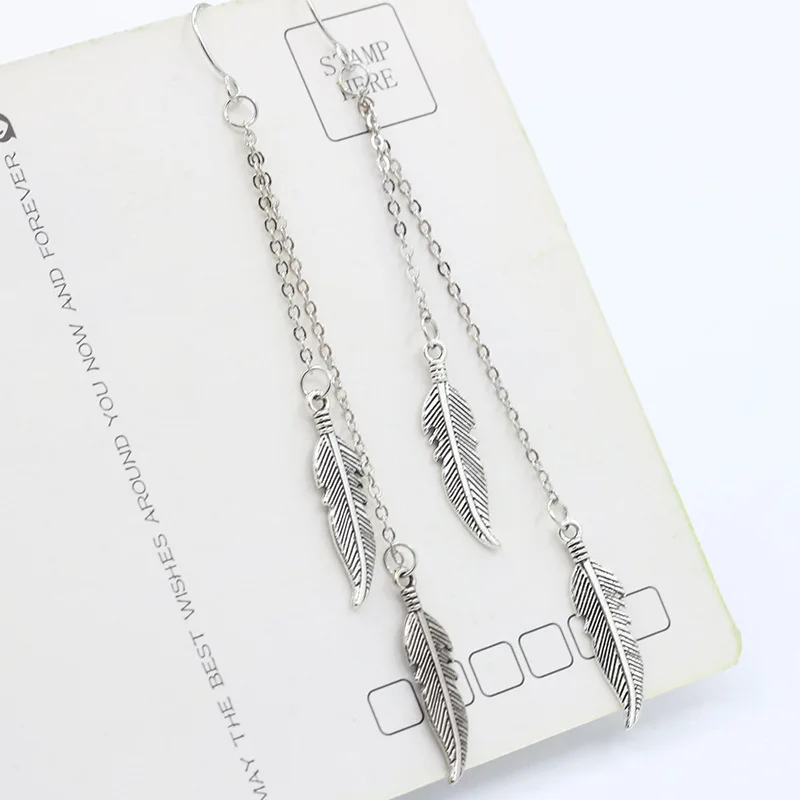 Vintage Feather Tassel Long Dangle Earrings for Women Fashion Silver Color Leaf Metal Drop Earrings Simple Statement Jewelry