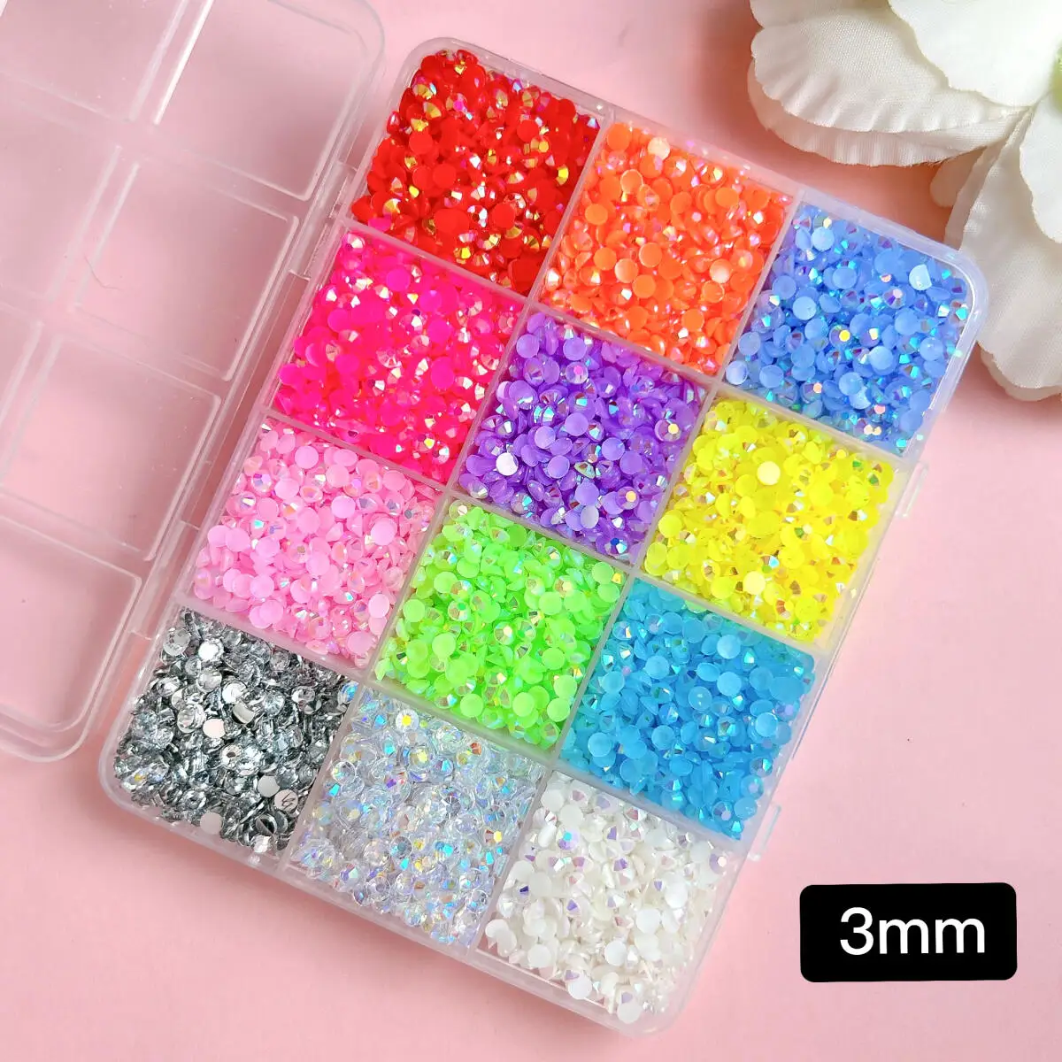 1Box 3mm Colored AB Jelly Nail Rhinestone Charms Hot Selling Semi-circular Flatback Resin Nail Diamond DIY Lipstick Glasses Nail