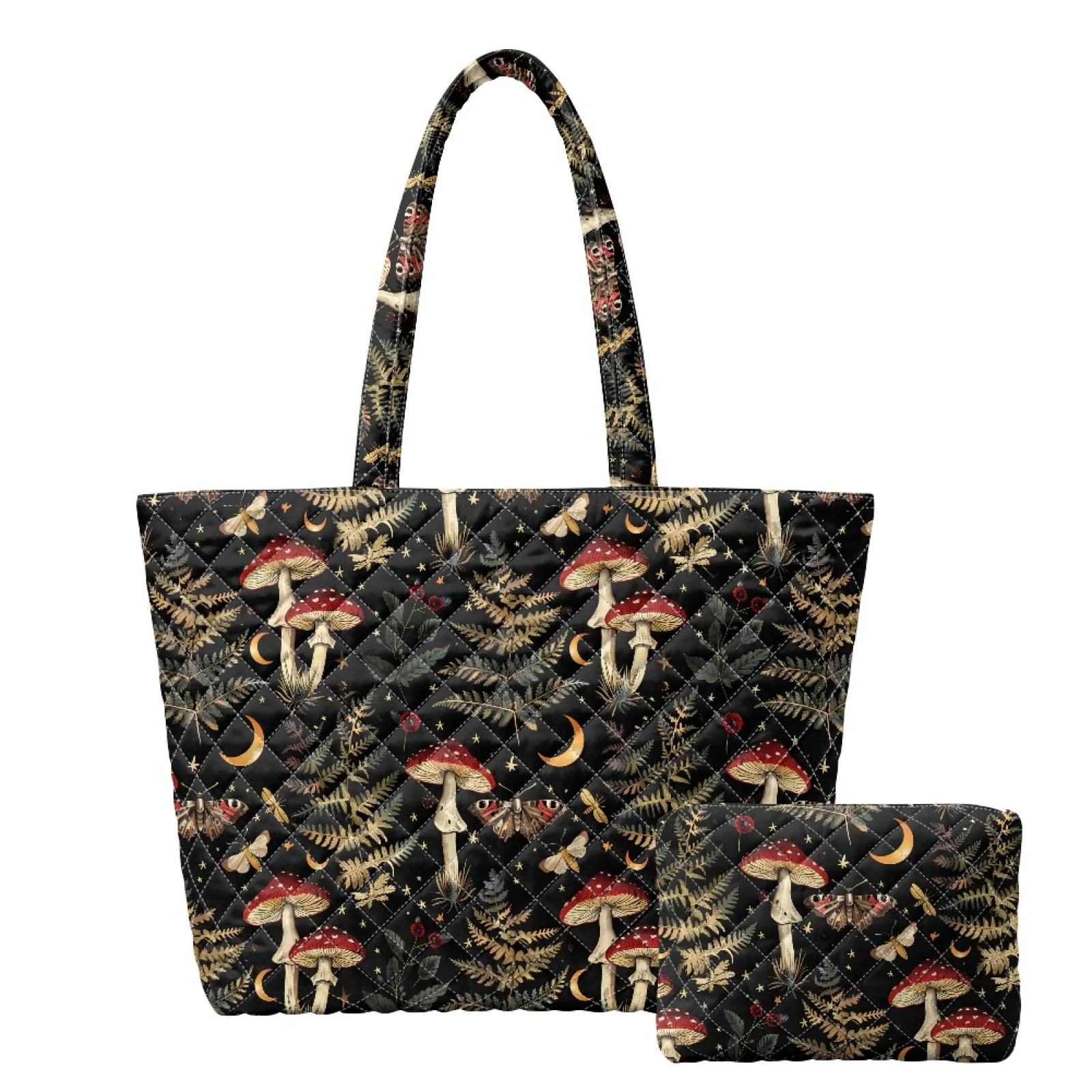 Coloranimal Christmas 2 Pieces Embroidered Quilted Shoulder Tote Bag with Cosmetic Pouch, Lightweight Set for Commuter