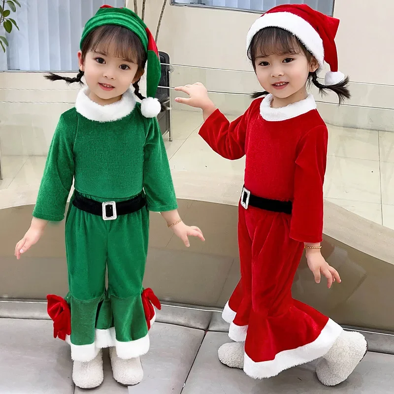 Fantasia Capodanno Verde Vestito da Babbo Natale Costume da Elfo per Bambini Ragazza Set con Cappello Bambini Festa di Natale Abito Set Performance 2025