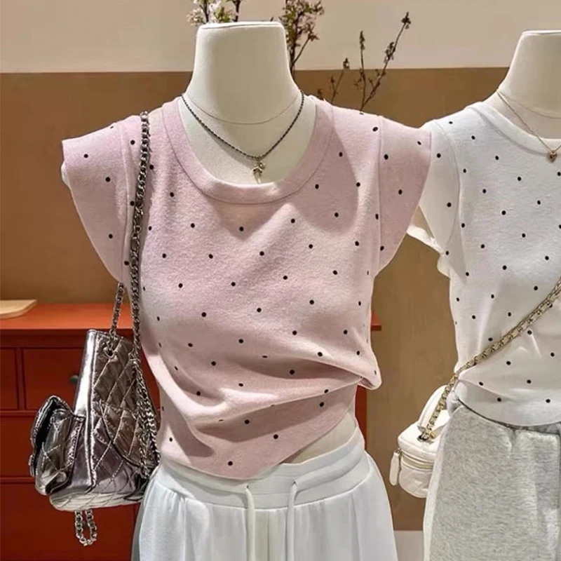 

Женская приталенная футболка в горошек с рукавами «летучая мышь» и круглым вырезом, новинка лета 2026, повседневный розовый трикотажный топ с коротким рукавом