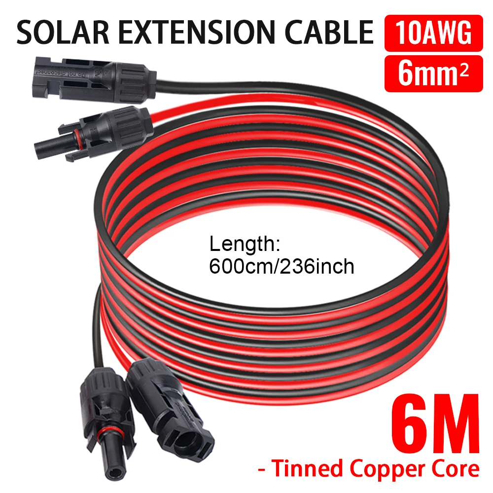 6M Solar Extension Cable 10AWG 6mm² Silicone Tinned Copper Double PV Connector For Solar Panel System For RV Boat Solar Panel