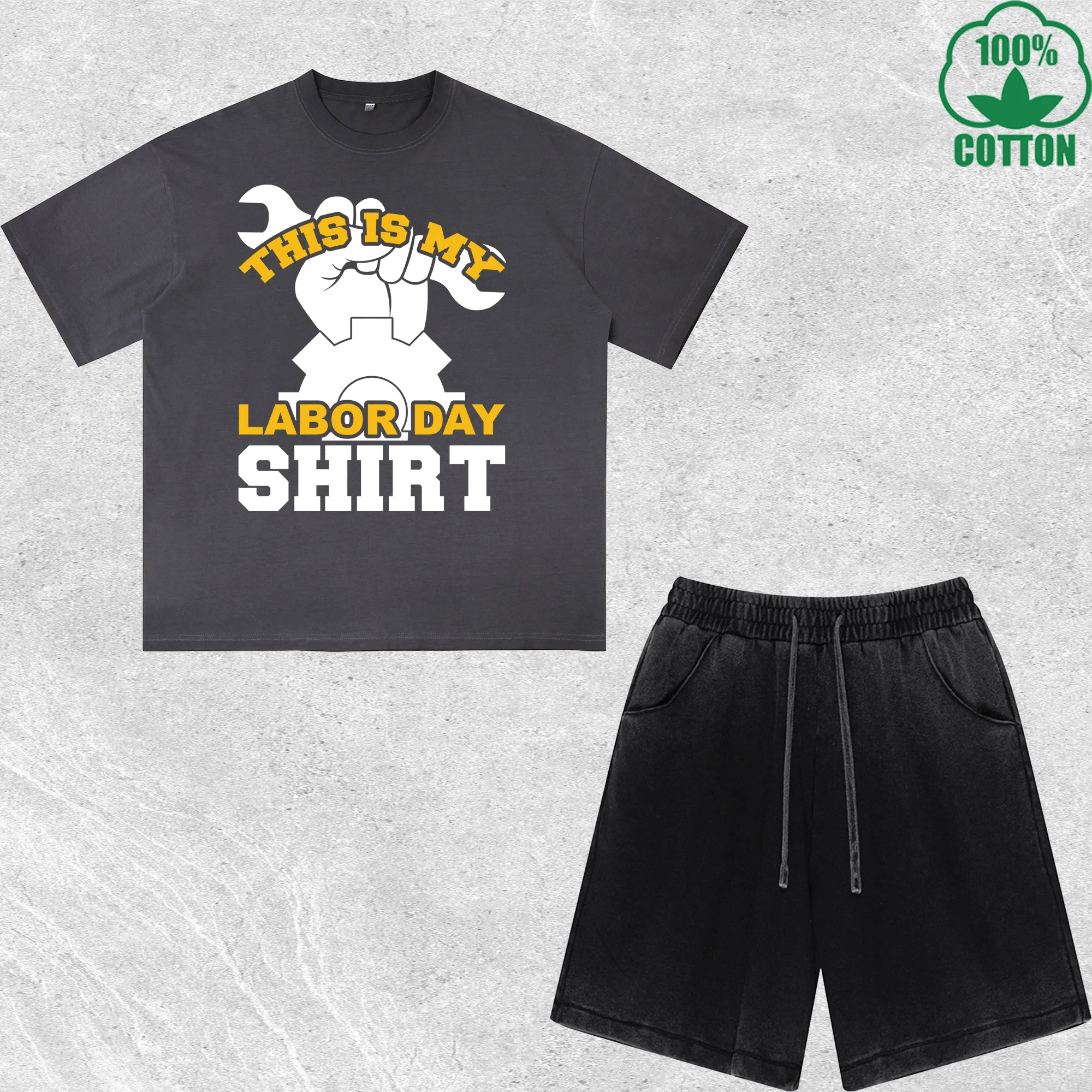 

Labor Day Shirt Printed Dirty Wash T-Shirt Shorts Set Multicolor Combo Loose Trendy Fashionable 100%Cotton