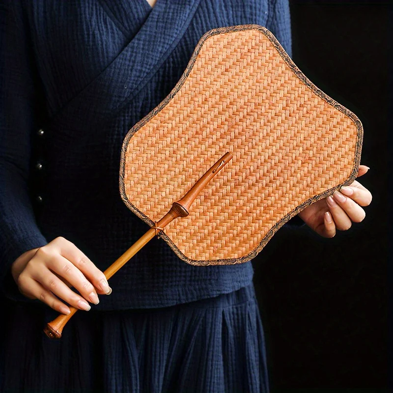Pure Handmade Bamboo Woven Fan Banana Cloud Brocade Cloth Wrapped Edge Cool Pu Fan Retro Large Lacquer Bamboo Green Strip Fan