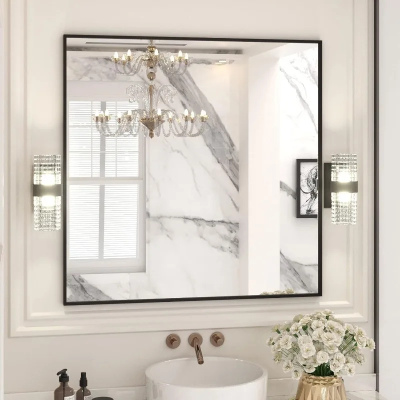 36"X36" Black Rectangle Bathroom Mirror Wall, Matte Black Aluminum Alloy Frame, Tempered Glass, Hangs Vertically or Horizo