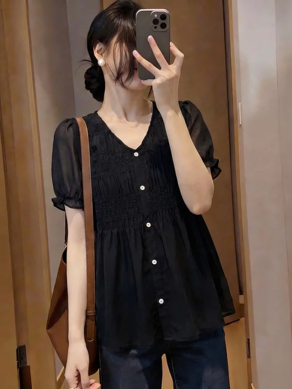 

Black V-Neck Short Sleeve Women's Chiffon Top Shoulder-Length Flattering Belly Concealing Summer New Style Korean Loose Fit