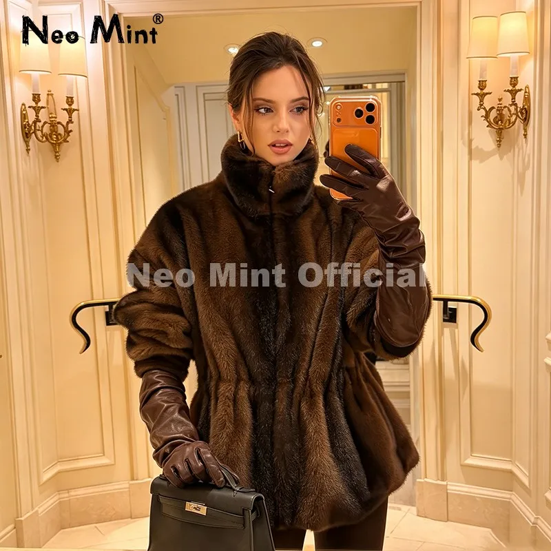 Neo Mint Iconic Blogger Fashion Vintage Striped Sable Mink Peplum Jacket Women 2026 Winter Luxury Brand Faux Fur Coat Outerwears