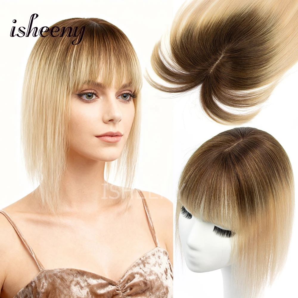 

Isheeny, топперы для волос для женщин, настоящие человеческие волосы, 8-14 дюймов, топпер для волос для женщин с челкой, 5x9 см, основа для кожи головы, истончение
