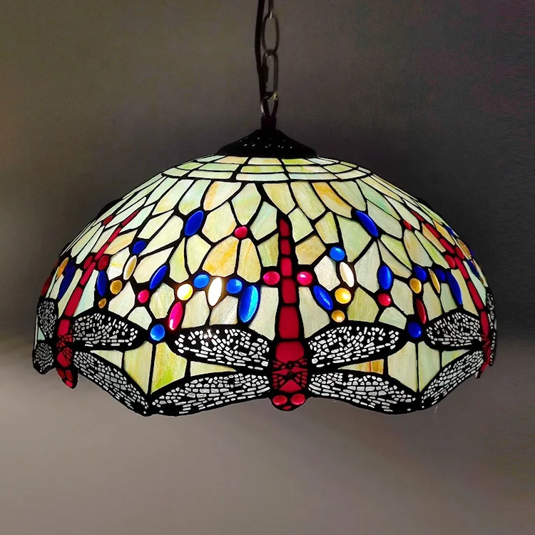 Style Chandelier 16 Inch Wide Red Dragonfly Stained Glass Lamp Handmade Ceiling Light Vintage Decoration