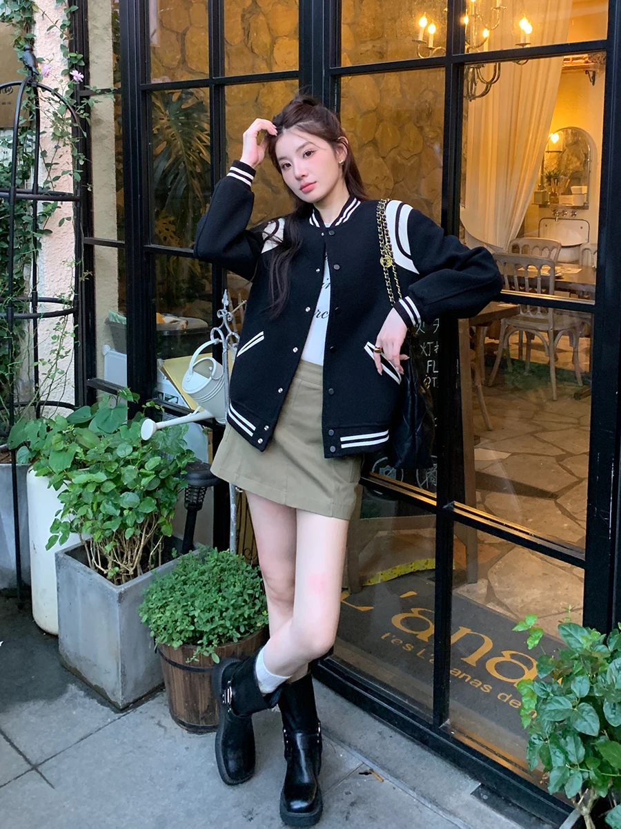 高級ウールベースボールジャケット 本革アウター レディースコート ニュートラルスタイル カジュアル スイートスタイル ラウンドネック 冬コート